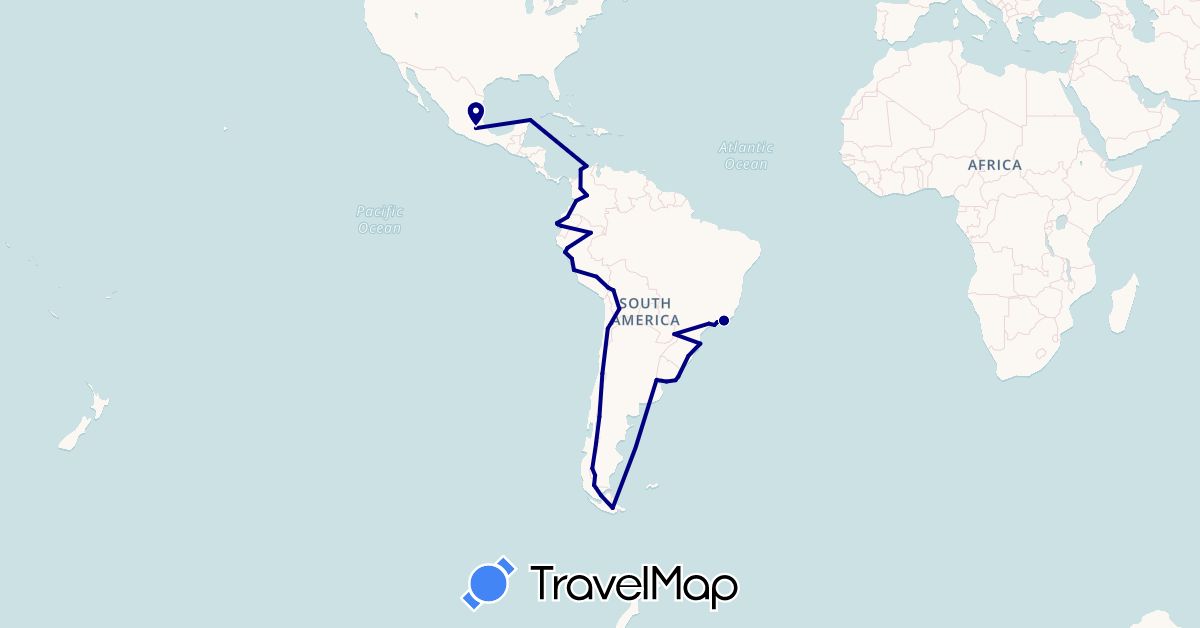 TravelMap itinerary: driving in Argentina, Bolivia, Brazil, Chile, Colombia, Ecuador, Mexico, Peru, Uruguay (North America, South America)